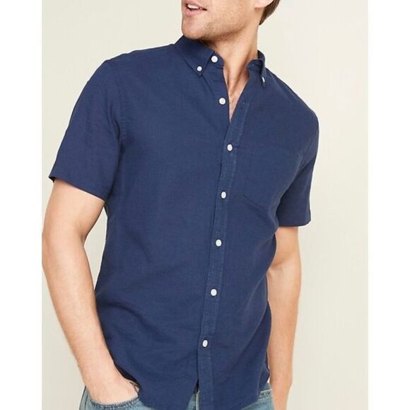 Old Navy linen blend slim fit short sleeve button down large - Picture 1 of 11